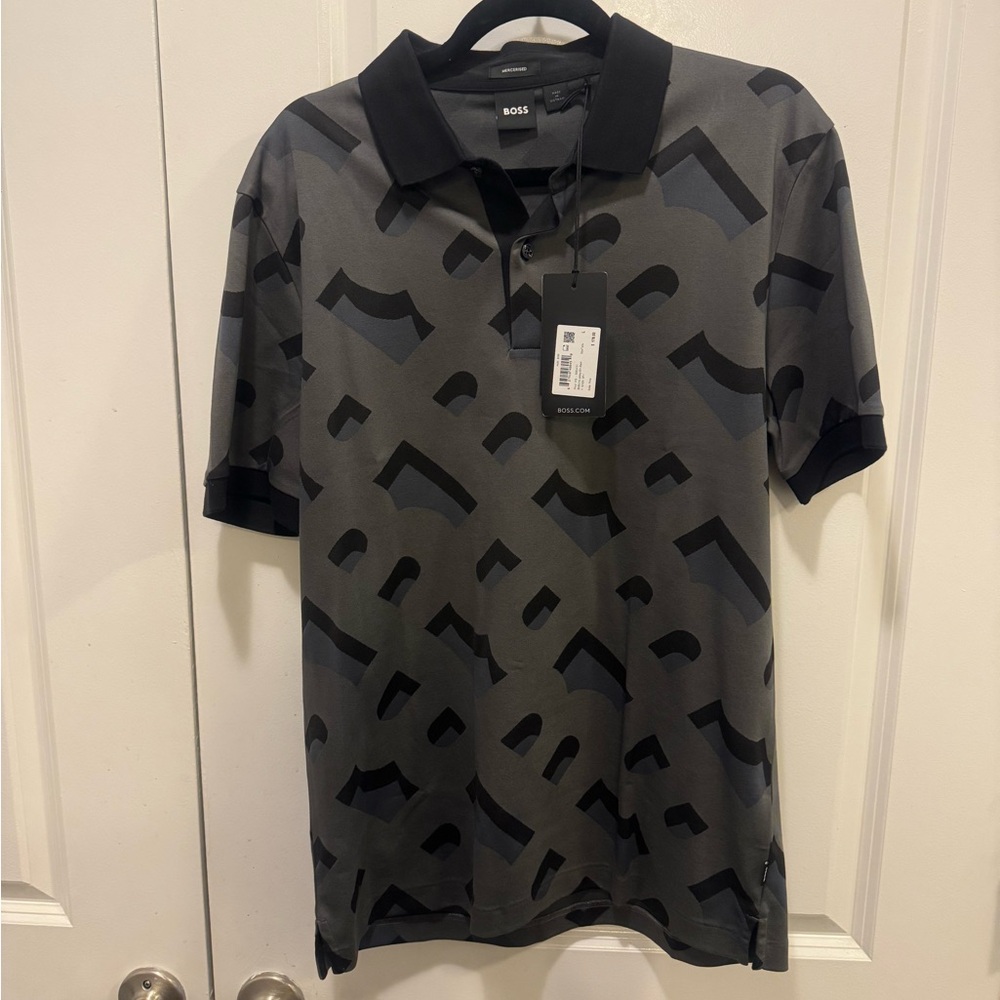 Boss Men's Gray and Black Graphic Polo Shirt